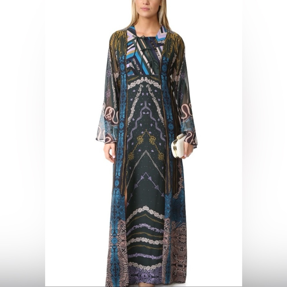 BCBG MAXAZRIA • RUNWAY Women’s Silk Green Boho Sheer Long Sleeve Maxi Dress XXS